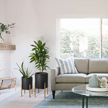 Oakrain Mid Century Planters for Indoor Plants, Set of 2, Modern Decorative Metal Planter Pots for Living Room, Office, Garden or Balcony, Black Planter with Stand, 8 inch & 10 inch