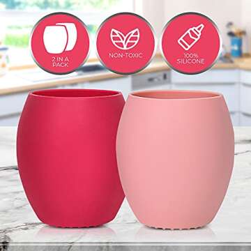 Silicone Baby Cup - Toddler Training Cup - Open Cup for Baby Led Weaning 2 Pack of No Spill Sippy Baby Cups - Soft & Gentle on Gums BPA Free Silicone Baby Cups (Pink)