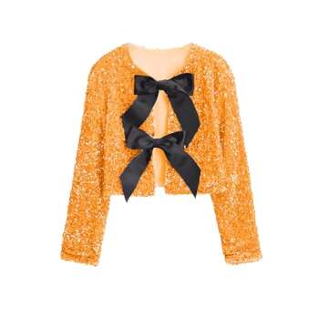 HYLLGUD Women Tie-Front Sequined Jacket Long Sleeve Sparkling Cropped Top with Bow Party Concert Nig...