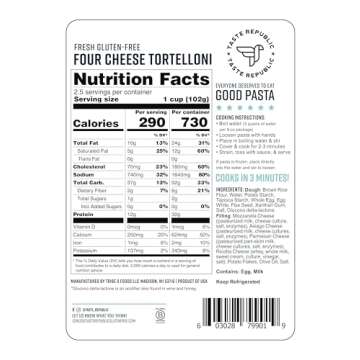 Gluten-Free Tortelloni, Four Cheese Stuffed Fresh Pasta, Cooks in Just 3 Minutes, Taste Republic, Frozen, 9oz (6 Pack)