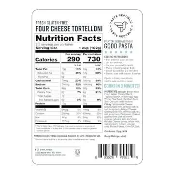 Gluten-Free Tortelloni, Four Cheese Stuffed Fresh Pasta, Cooks in Just 3 Minutes, Taste Republic, Frozen, 9oz (6 Pack)