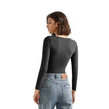 SUUKSESS Women's Round Neck Long Sleeve Thong Bodysuit