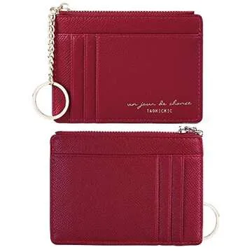 Prometheism Women Slim Leather Card Case Holder Small Wallet Cute Coin Purse Girl Mini Wallet with Keychain (Red)