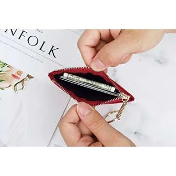 Prometheism Women Slim Leather Card Case Holder Small Wallet Cute Coin Purse Girl Mini Wallet with Keychain (Red)