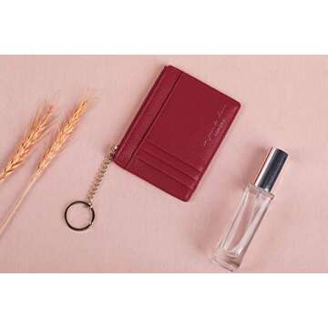 Prometheism Women Slim Leather Card Case Holder Small Wallet Cute Coin Purse Girl Mini Wallet with Keychain (Red)