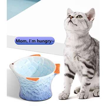 Raised Tilted Ceramic Cat Food Bowl - Cute Fish Shape Elevated Slanted Shallow Angled Cat Dish - Personalized Pet Feeder for Kitty Dry Wet Treats Feeding - Ergonomic Anti Vomiting Whisker Fatigue