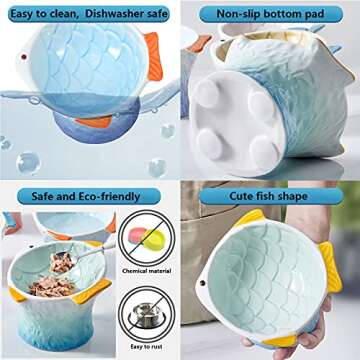 Raised Tilted Ceramic Cat Food Bowl - Cute Fish Shape Elevated Slanted Shallow Angled Cat Dish - Personalized Pet Feeder for Kitty Dry Wet Treats Feeding - Ergonomic Anti Vomiting Whisker Fatigue