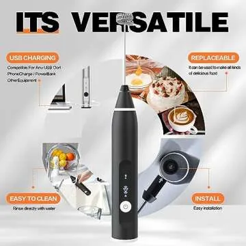 Milk Frother Rechargeable Handheld Electric Whisk Coffee Frother Mixer with 2 Stainless whisks 3 Speed Adjustable Foam Maker Blender for Coffee Matcha Latte Cappuccino Hot Chocolate（Black）