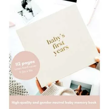 Lamare Baby First Year Book (White Linen Baby Memory Book, 112 Pages) - Baby's First Year Book Photo...
