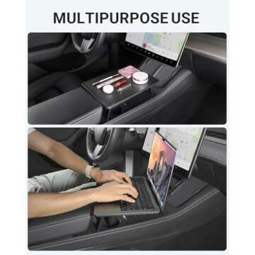 BASENOR Upgrade Tesla Model 3/Y Table Tray, Foldable Stable Center Console Car Food Eating/Laptop Work Desk for Road Trips, Autopilot, 2021-2025 Model Y and 2021-2023 Model 3 Interior Accessories