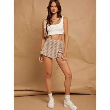 WDIRARA Women's Plaid High Waisted Asymmetrical Vintage Skirt Casual Shorts Skort Coffee and White M