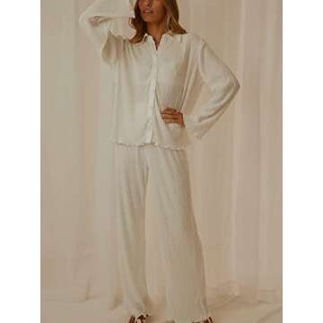Women Silk Pleated Co Ord Y2k Sets 2 Piece Outfit Oversized Trendy Button Down Shirt Wide Leg Plisse Trouser Casual Two Piece Pants Set Fall Streetwear Cream White