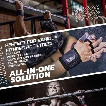 JerkFit WODies 3 Hole Gymnastics Grips with Wrist Support - Hand Grips, Latex Free Elastic Crossfit Grips for Weightlifting, Cross Training - Palm Protection Pull Up Grips for Men and Women (Large)