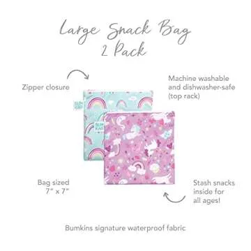 Bumkins Reusable Sandwich and Snack Bags, for Kids School Lunch and for Adults Portion, Washable Fabric, Waterproof Cloth Zip Bag, Travel Pouch, Food-Safe, Large 2-pk Unicorns and Rainbows