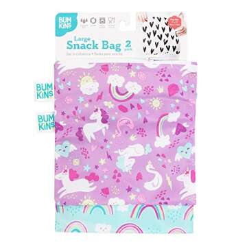 Bumkins Reusable Sandwich and Snack Bags, for Kids School Lunch and for Adults Portion, Washable Fabric, Waterproof Cloth Zip Bag, Travel Pouch, Food-Safe, Large 2-pk Unicorns and Rainbows