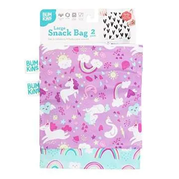 Bumkins Reusable Sandwich and Snack Bags, for Kids School Lunch and for Adults Portion, Washable Fabric, Waterproof Cloth Zip Bag, Travel Pouch, Food-Safe, Large 2-pk Unicorns and Rainbows