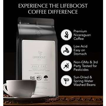 Lifeboost Coffee Half Caff Ground Coffee - Low Acid Single Origin USDA Organic Coffee - Non-GMO Ground Coffee Third Party Tested For Mycotoxins & Pesticides - 12 Ounces
