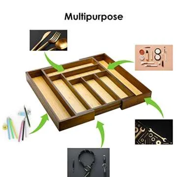 Cozee Bay Bamboo drawer organizer, utensil holder, silverware organizer, and adjustable cutlery tray with drawer dividers, for kitchen, office desk, and bathroom storage (Vintage Brown)