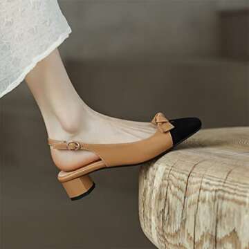 CoceMoce Classic Square Toe Slingback Mid Block Thick Heel Pumps Khaki for Women Ankle Buckle Strap ...