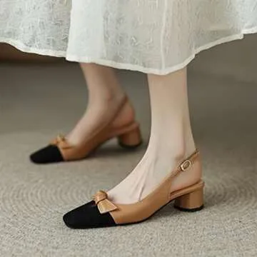 CoceMoce Classic Square Toe Slingback Mid Block Thick Heel Pumps Khaki for Women Ankle Buckle Strap Dress Shoes Party Dating Wedding Work Office Church Evening Size 6 US