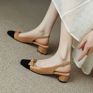 CoceMoce Classic Square Toe Slingback Mid Block Thick Heel Pumps Khaki for Women Ankle Buckle Strap Dress Shoes Party Dating Wedding Work Office Church Evening Size 6 US