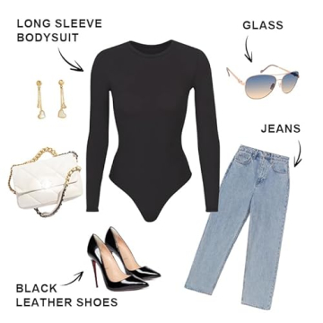 SHAPERX Women's Soft Crew Neck Bodysuit Fits Everybody Long Sleeve Body Suits Tops, SZ5242-Black-M