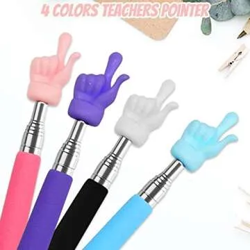 4Pcs Telescopic Teachers Pointer, Mini Extendable Hand Pointer Finger Pointer Stick, Retractable Classroom Pointer for Elementary School Kindergarten Teacher Supplies (Black Pink Blue Purple)