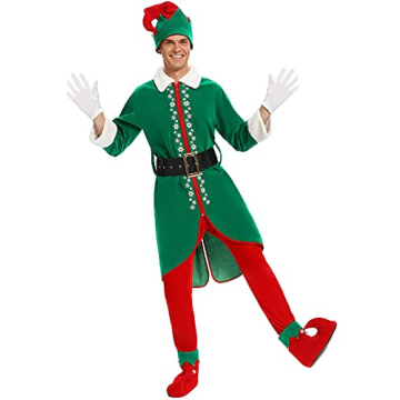 HITASION Men’s Christmas Elf Costume Deluxe Santa Suit Adult Costumes Holiday Halloween Cosplay Se...
