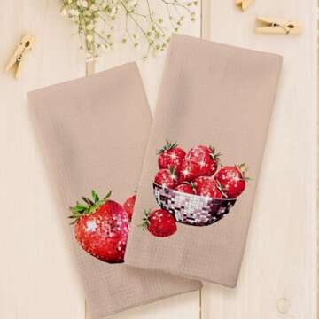 Tzhim Strawberry Kitchen Towels, Disco Ball Strawberry Hand Towels, Retro Strawberry Dish Towels Dishcloths Tea Towels for Kitchen, Trendy Preppy Girly Room Kitchen Bathroom Decor Set of 2 16x24in