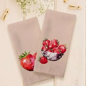 Tzhim Strawberry Kitchen Towels, Disco Ball Strawberry Hand Towels, Retro Strawberry Dish Towels Dishcloths Tea Towels for Kitchen, Trendy Preppy Girly Room Kitchen Bathroom Decor Set of 2 16x24in