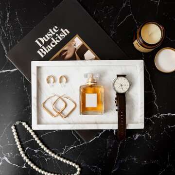 WORHE Italy Marble Vanity Tray for Jewelry, Perfume, Makeup, Candle,Towel Natural Modern Decorative Trays for Bathroom Bedroom Dresser Rectangle Kitchen Storage Organizer for Home Decor White (FX031)