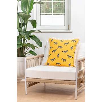 Hofdeco Premium Coastal Patio Indoor Outdoor Pillow Cover Only, 20"x20" Water Resistant for Backyard, Couch, Yellow Zebra Fringe