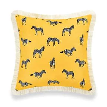 Hofdeco Premium Coastal Patio Indoor Outdoor Pillow Cover Only, 20"x20" Water Resistant for Backyard, Couch, Yellow Zebra Fringe
