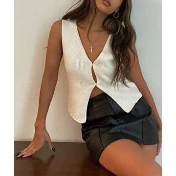 Women Crochet Knit Vest Solid Hollow Out Button Down V Neck Sleeveless Crop Tops Vintage Casual Versatile Streetwear Large