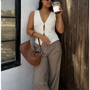 Women Crochet Knit Vest Solid Hollow Out Button Down V Neck Sleeveless Crop Tops Vintage Casual Versatile Streetwear Large