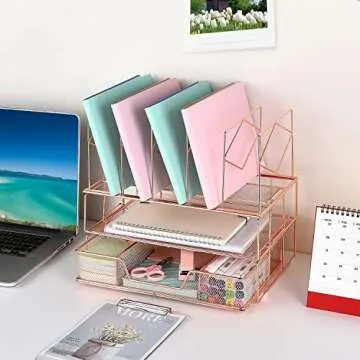 gianotter Desk Organizers and Accessories, Office Supplies Desk Organizer with Sliding Drawer, Double Tray and 5 Upright Section ​File Sorter Organizer (Rose Gold)