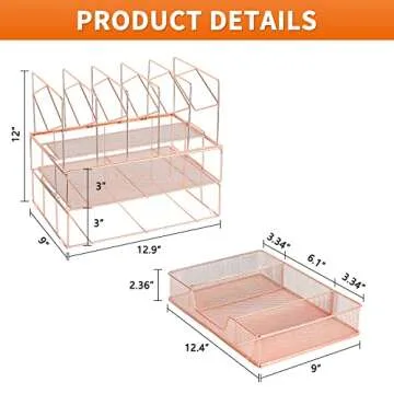 gianotter Desk Organizers and Accessories, Office Supplies Desk Organizer with Sliding Drawer, Double Tray and 5 Upright Section ​File Sorter Organizer (Rose Gold)