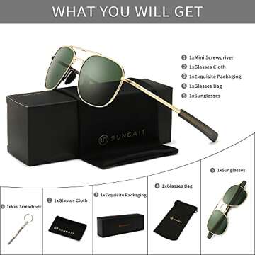 SUNGAIT Men's Military Style Polarized Pilot Aviator Sunglasses - Bayonet Temples (Gold Frame/Green Lens, 55) A285JKLV