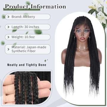 Alebery 13X8 HD Lace Front Braided Wigs for Black Women Cornrow Box Braid Wigs with Baby Hair Black Lightweight Synthetic Natural Deep Side Parting Lace Frontal Box Braided Wig (30 inches)