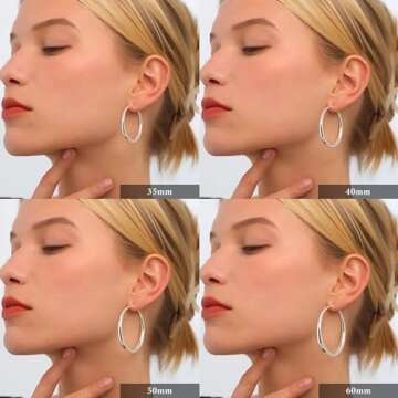 PABBEU S925 Sterling Silver Hoop Earrings Large Silver Hoop Earrings for Women Hypoallergenic Lightweight Big Thick Silver Hoop Earrings for Women 35/40/50/60/70mm