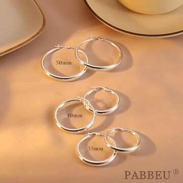 PABBEU S925 Sterling Silver Hoop Earrings Large Silver Hoop Earrings for Women Hypoallergenic Lightweight Big Thick Silver Hoop Earrings for Women 35/40/50/60/70mm