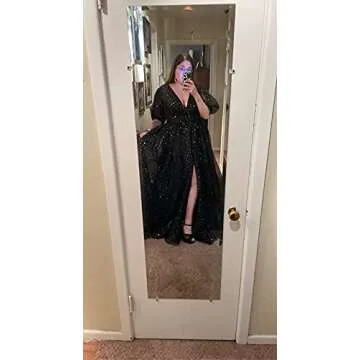 Xijun Black Sparkle Starry Tulle A Line Puffy Sleeve Prom Dresses LongPlus Size Formal Evening Gowns for Women Corset Wedding Party Gowns with Slit US26W