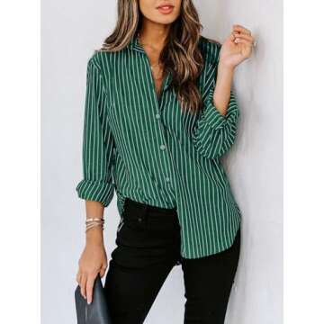 Siliteelon Women's Cotton Striped Dress Shirt - Green Striped Button Down for Office Wear