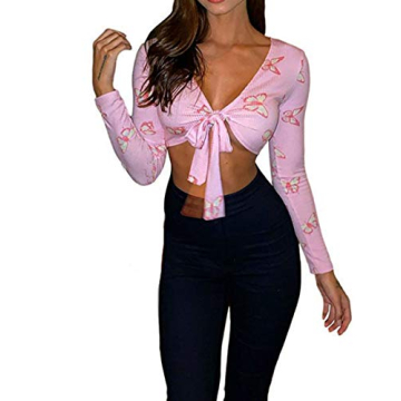 Sexy Feather Trim Crop Top: Elegant Faux Fur Blouse with Deep V Neck