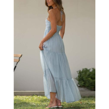 HOULENGS Women's Summer Halter Neck Boho Maxi Dress