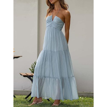 HOULENGS Women's Summer Halter Neck Boho Maxi Dress