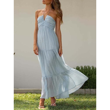 HOULENGS Women's Summer Halter Neck Boho Maxi Dress