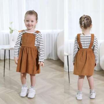 Toddler Baby Girl Fall Outfit Long Sleeve Stripe T-Shirt and Strap Dress Overall with One Pocket Clothes Sets (Brown, 18-24 Months)