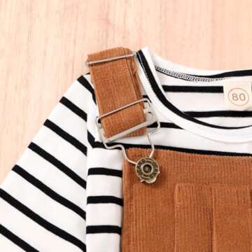 Toddler Baby Girl Fall Outfit Long Sleeve Stripe T-Shirt and Strap Dress Overall with One Pocket Clothes Sets (Brown, 18-24 Months)