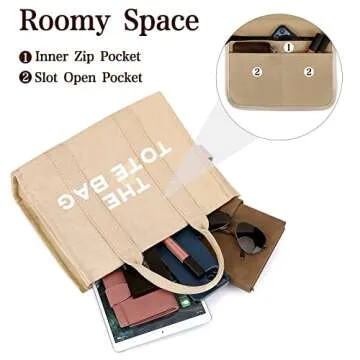 JQWSVE Canvas Tote Bags for Women Handbag Tote Purse with Zipper Canvas Crossbody Bag for Office, Travel